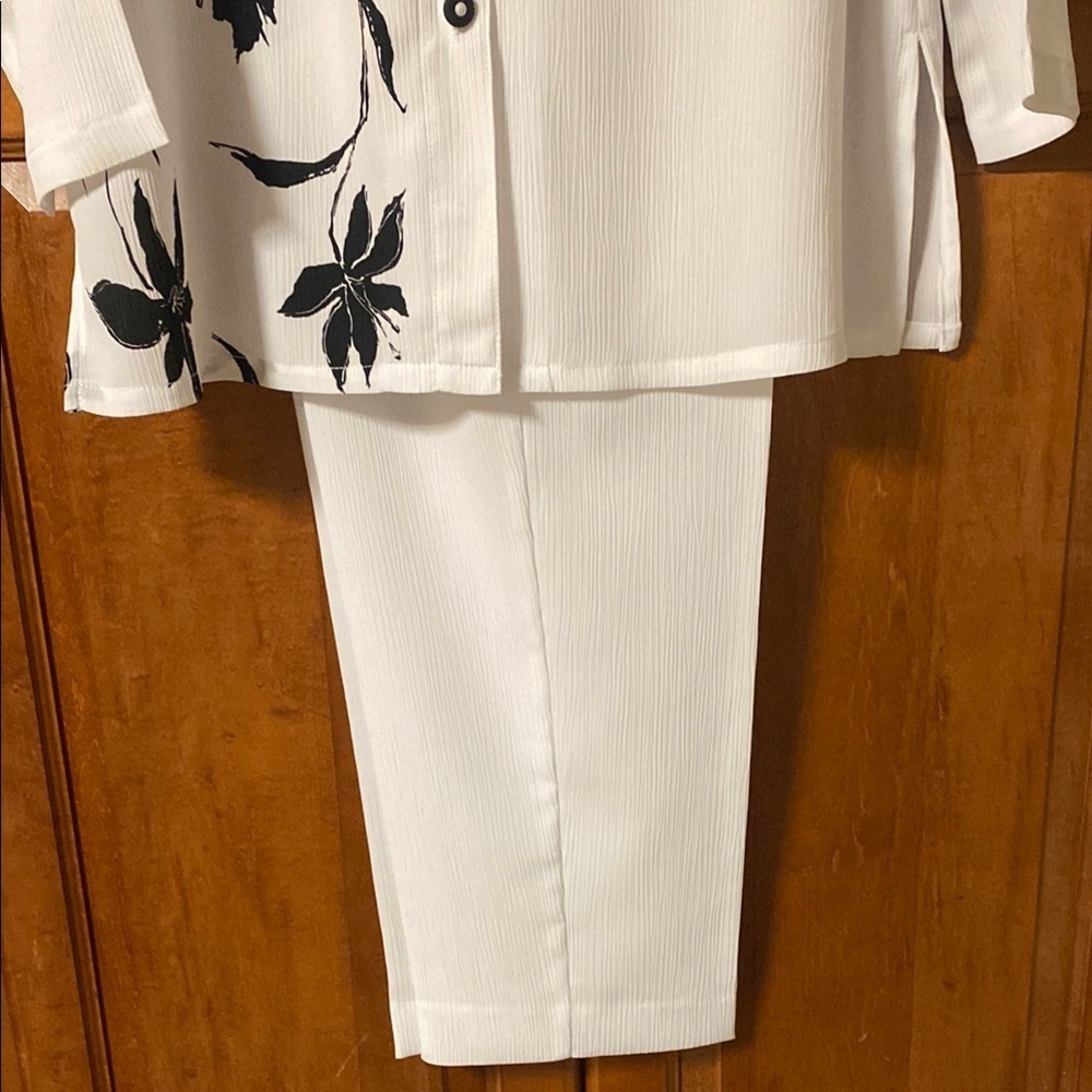 Vintage Y2K White Button-Up Pant / Shirt Set with Black Floral Design - Picture 2 of 16